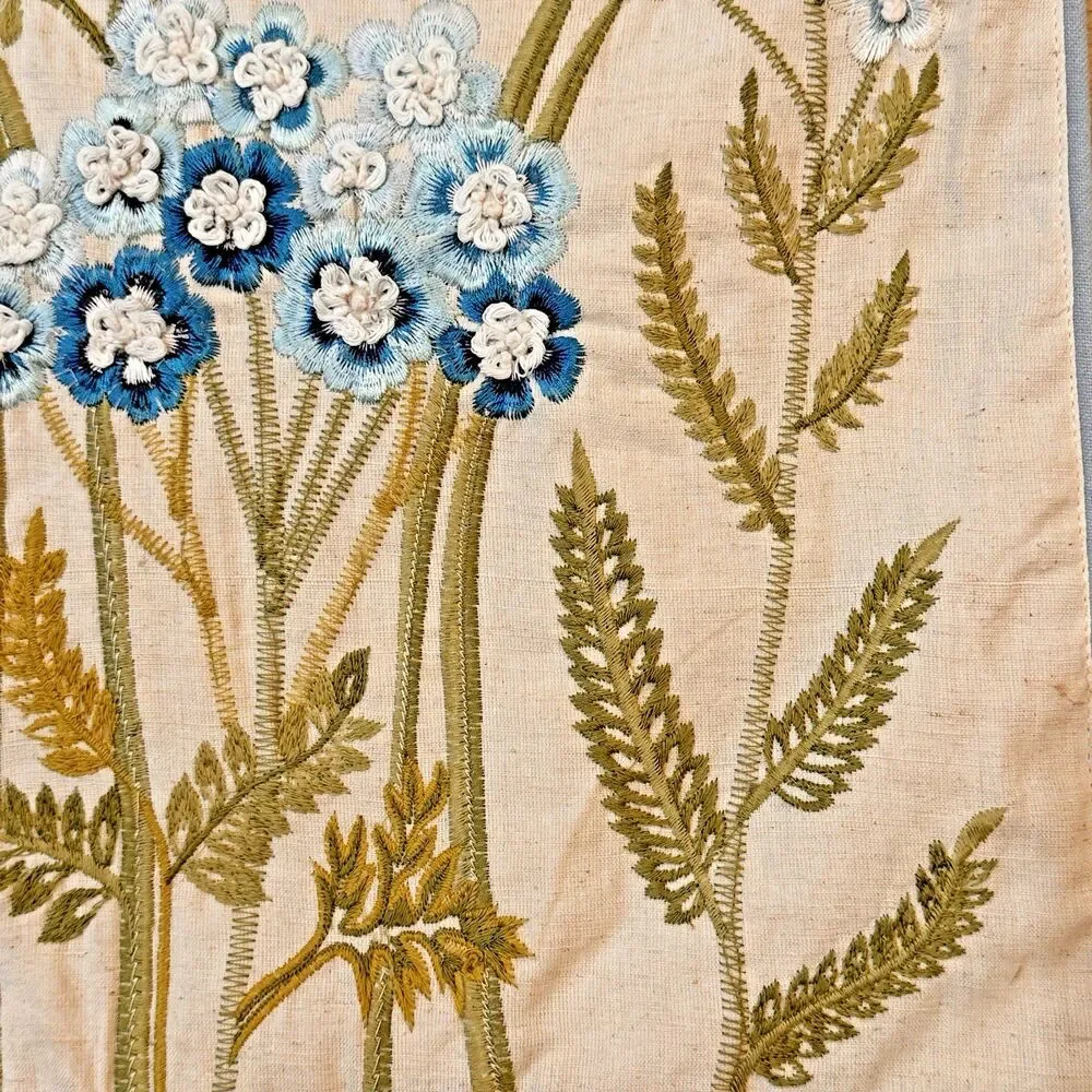 Artistic Embroidered Table Runner‎ Beige Raised Flowers White & Blue 18” X 72''
